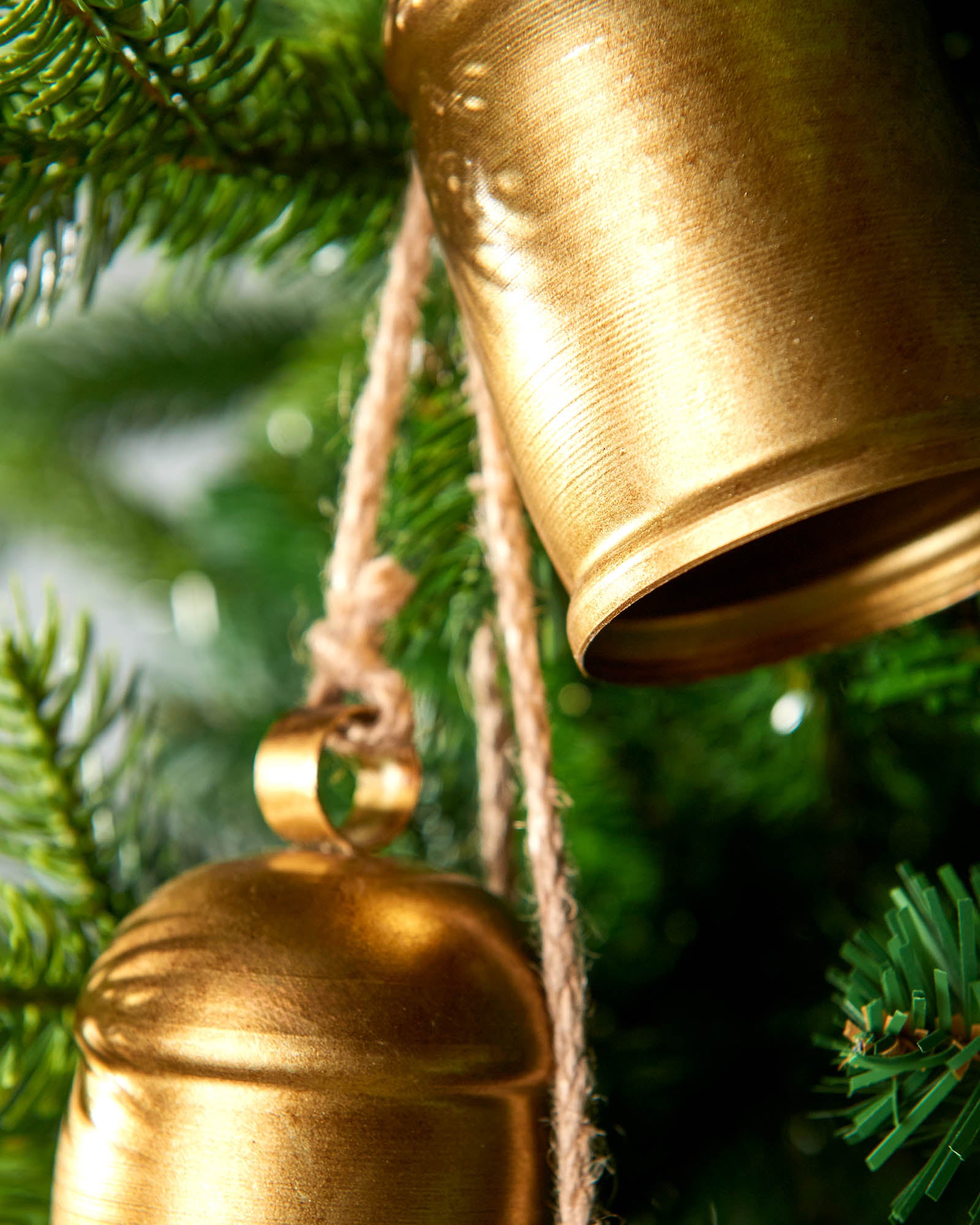Close-up of two gold bells hanging on a green Christmas tree
