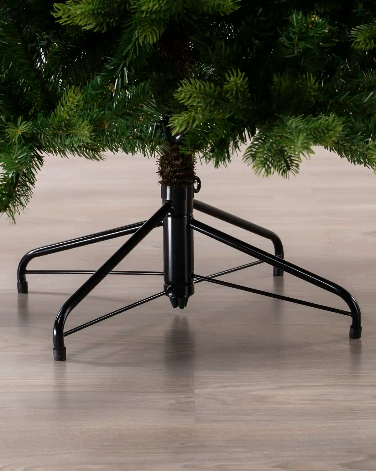 Himalayan Fir Christmas Tree, 5ft with black stand on a wooden floor.