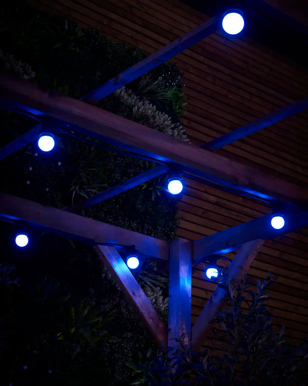 Blue E27 festoon bulbs glowing under wooden pergola beams with garden foliage in the background.
