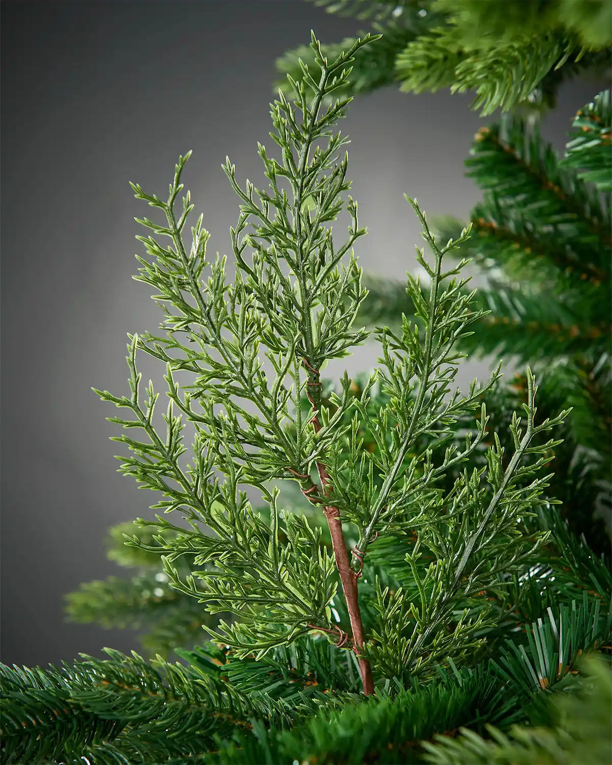 branch of artificial greenery against a dark background