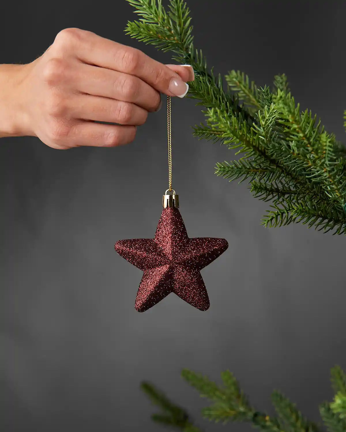 Hand holding a burgundy 7cm glitter star decoration beside a Christmas tree.