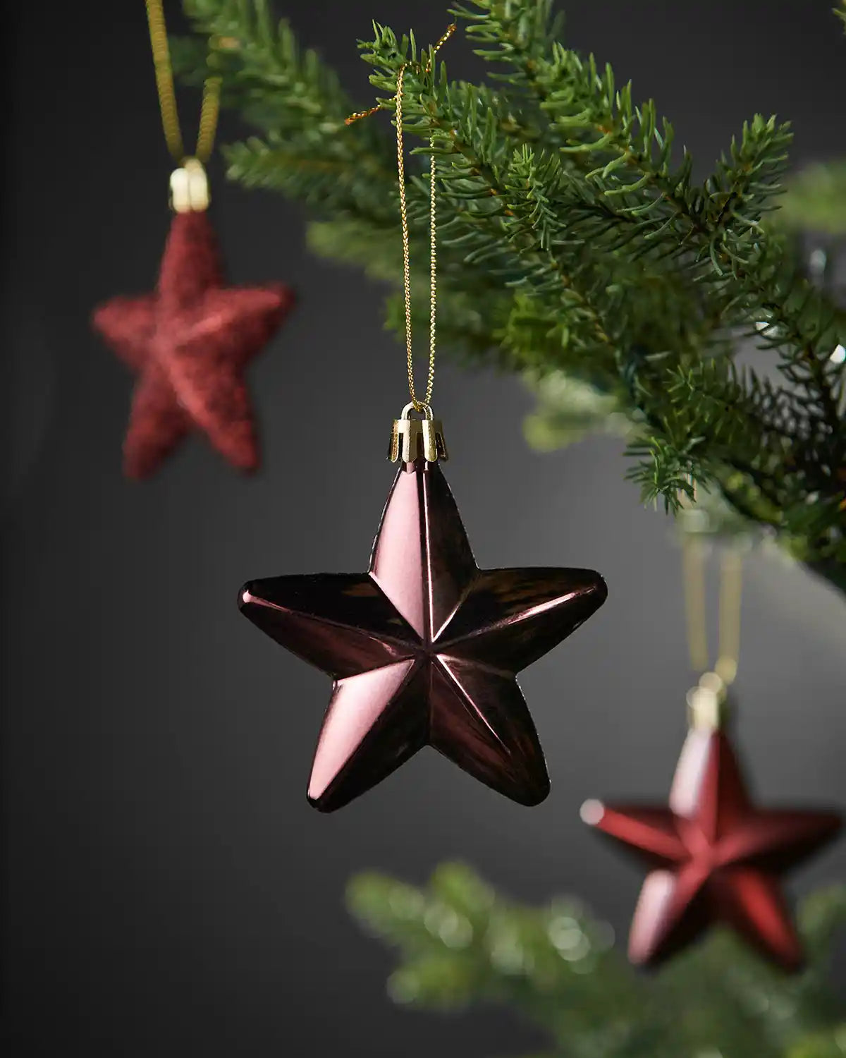 Close-up of a shiny burgundy 7cm hanging star with gold string on a Christmas tree.
