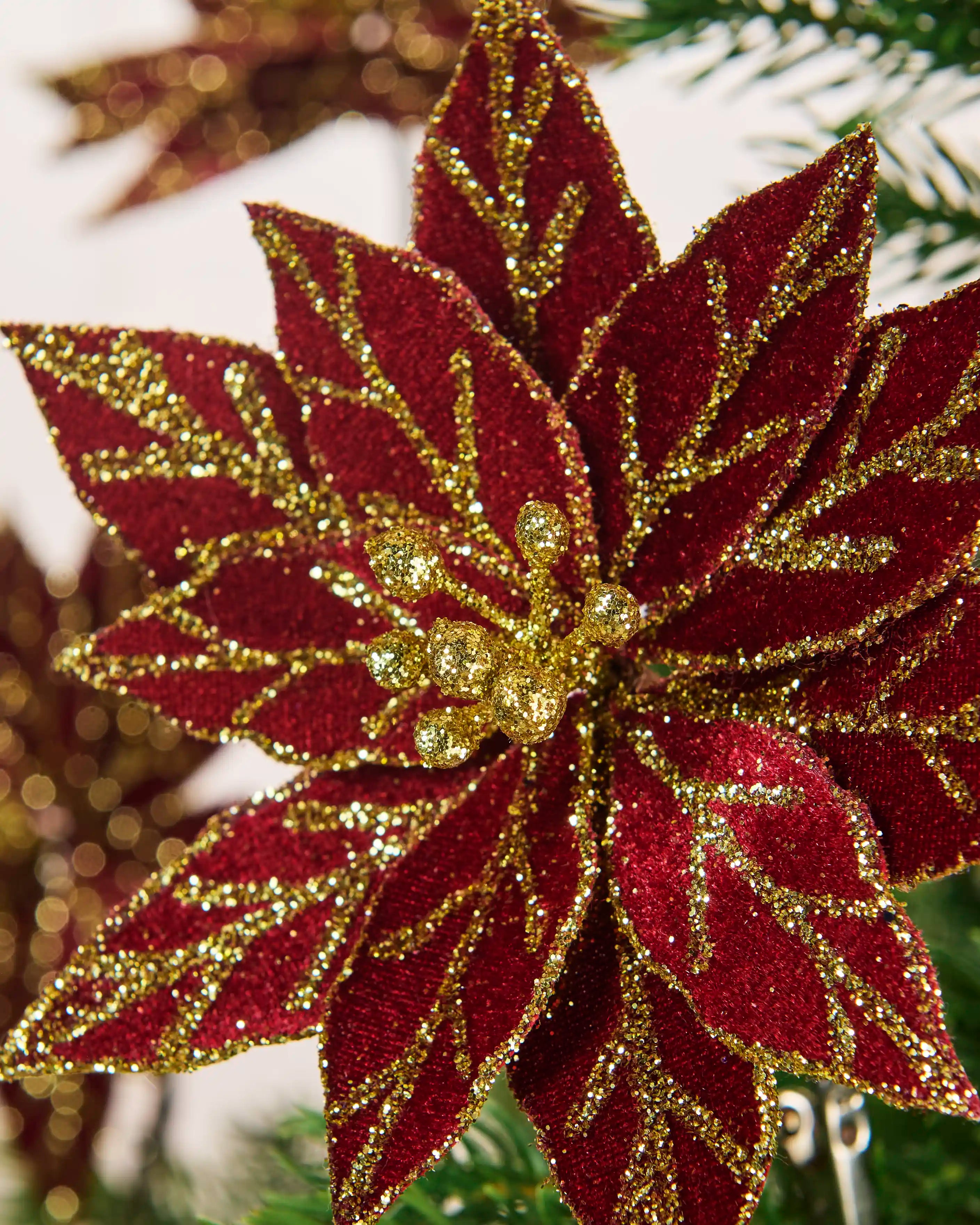Close-up of a burgundy poinsettia showing layered petals, gold glitter veins and clustered gold centre.