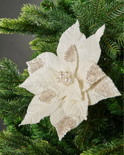 27 cm cream artificial poinsettia flower displayed in a Christmas tree, with beaded petal details and pearl-style centre.