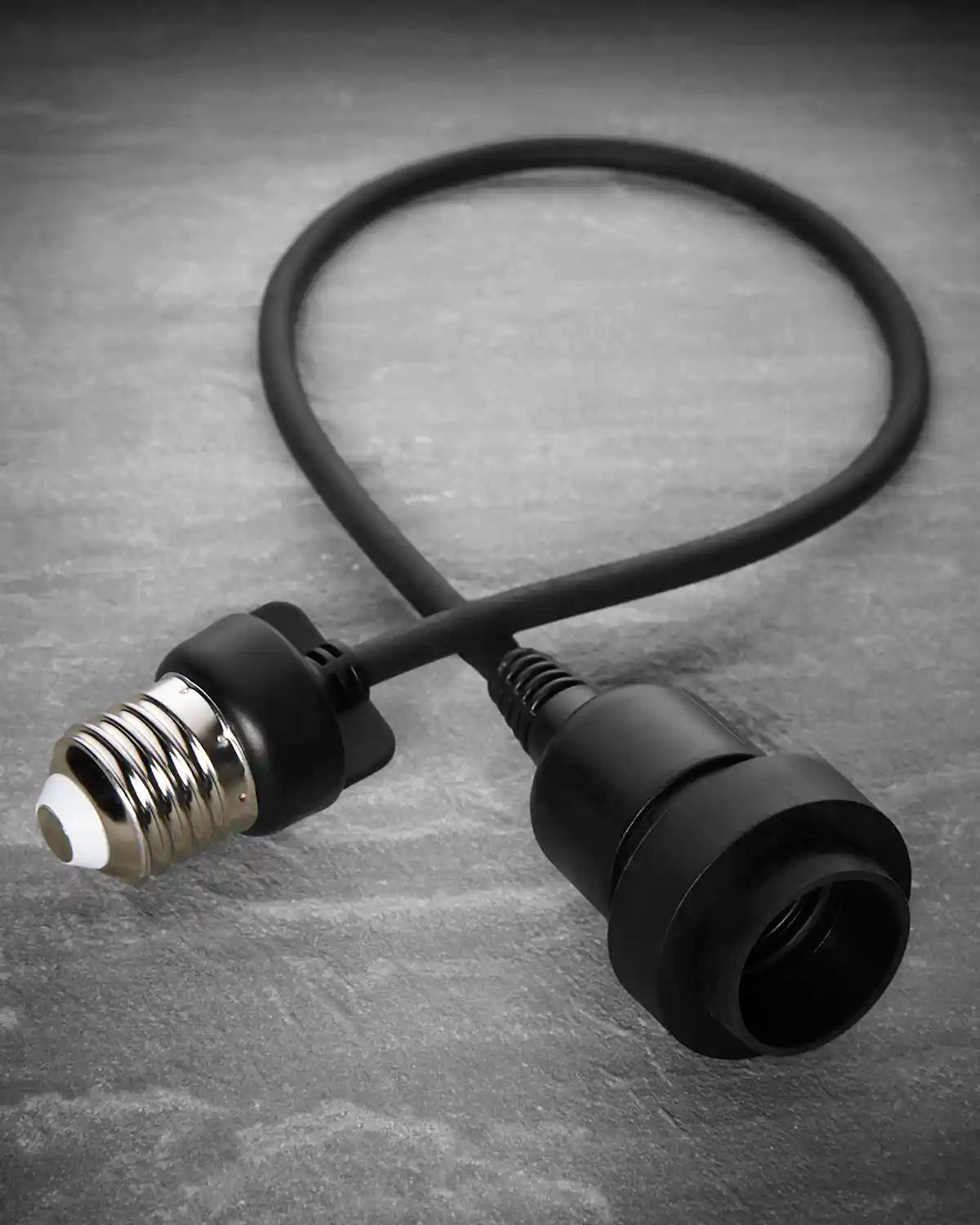 Black rubber E27 festoon pendant adaptor shown with screw fitting and bulb socket.