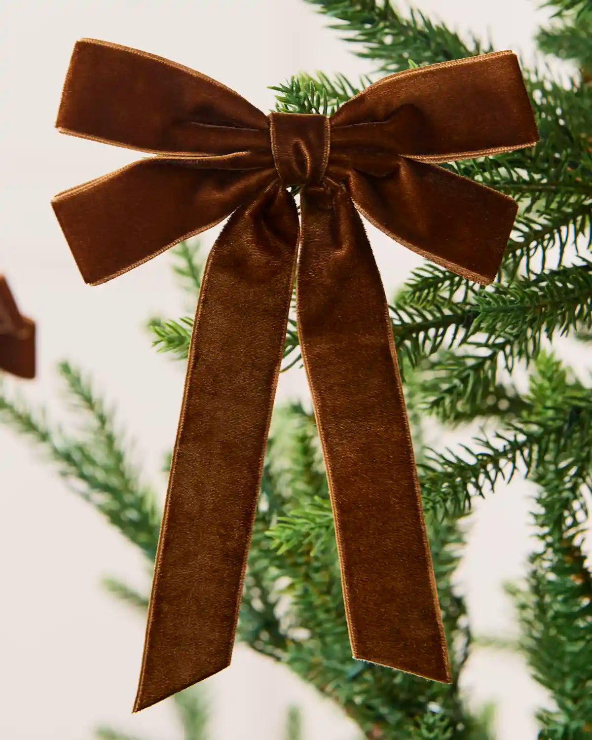 Espresso 16.5 cm velvet double bow with long tails attached to a Christmas tree branch.