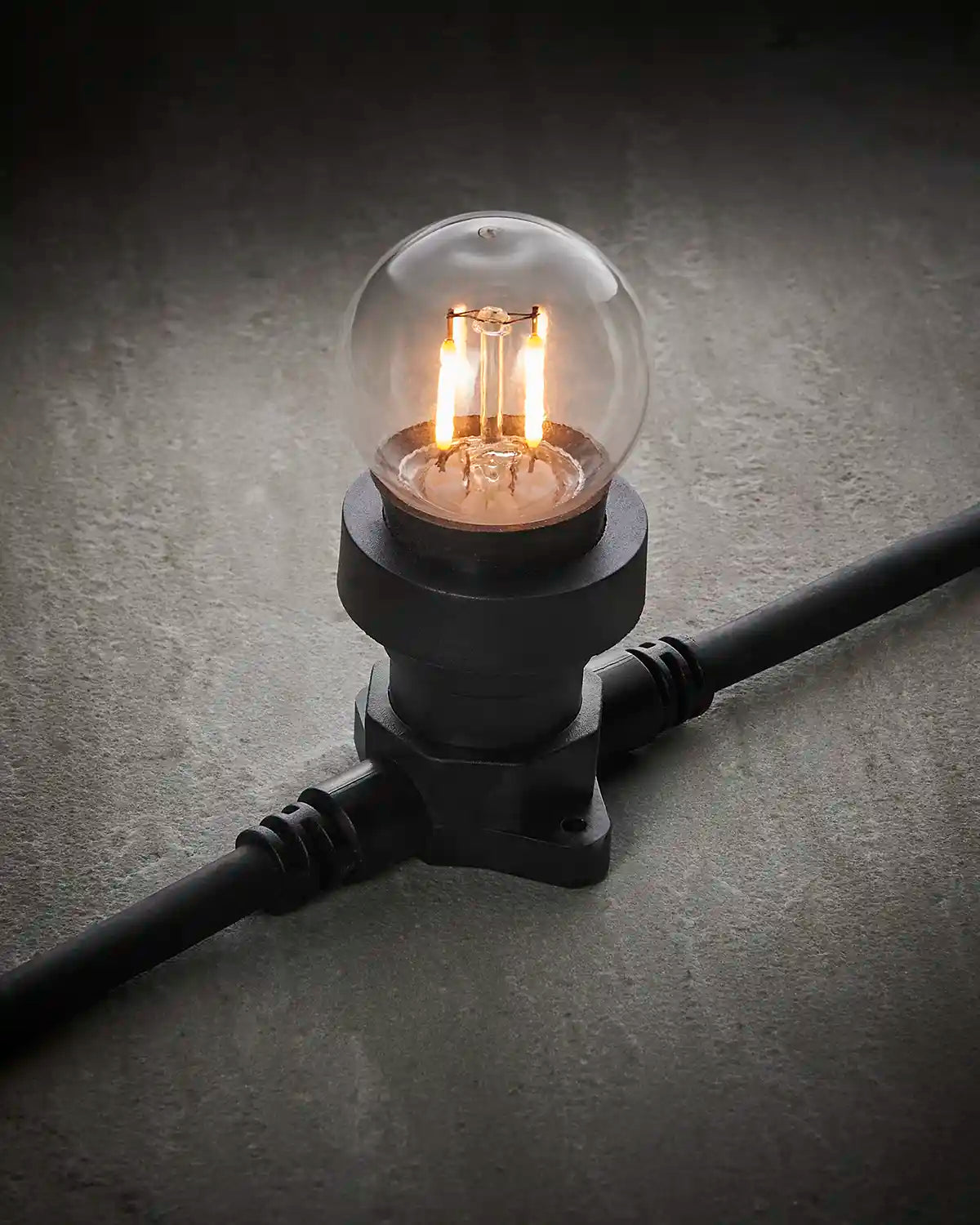 Close-up of a 2W E27 warm white filament bulb with clear globe glass fitted into a black festoon belt.