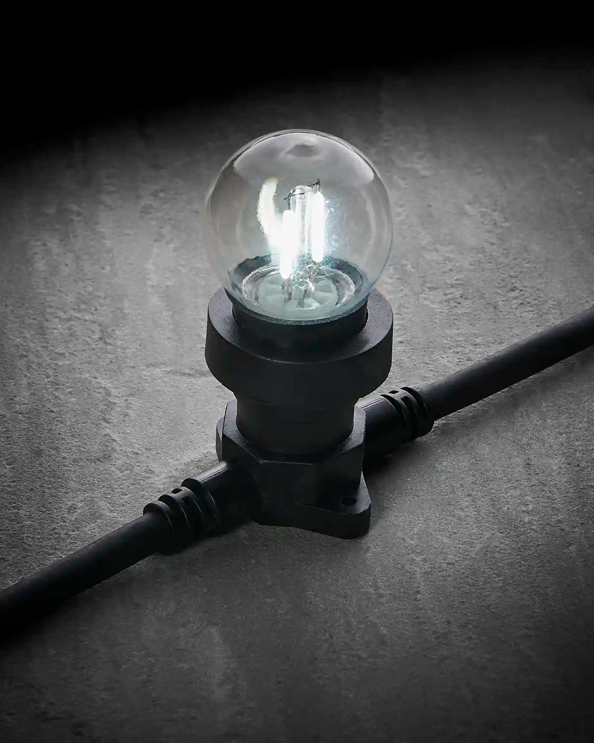 Close-up of a 2W E27 white filament bulb with clear globe glass fitted into a black festoon belt.