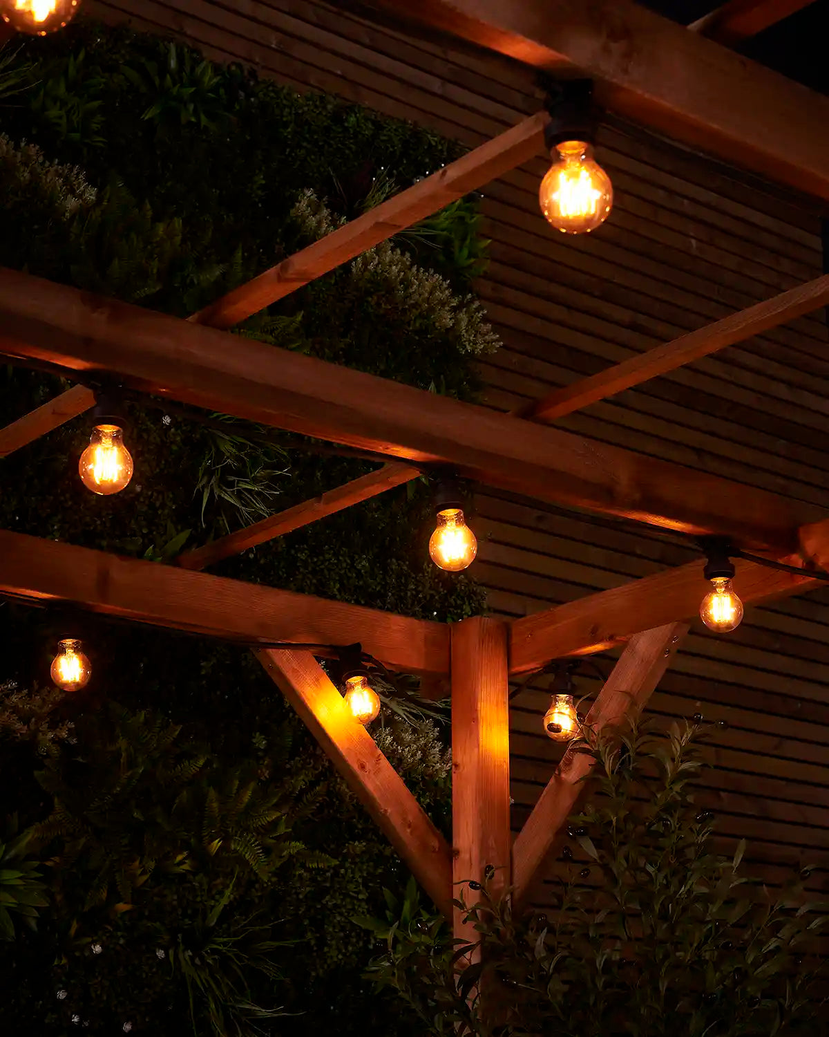 Close-up of warm white E27 filament bulbs hanging from a wooden pergola with garden foliage behind.