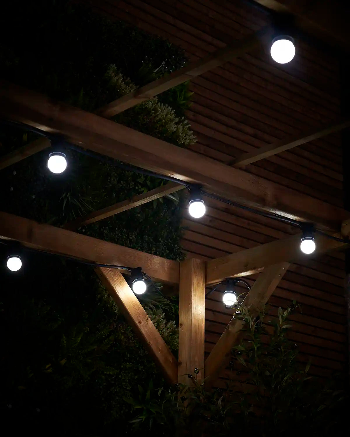 White globe festoon bulbs lighting an outdoor pergola with garden plants and stone paving below.