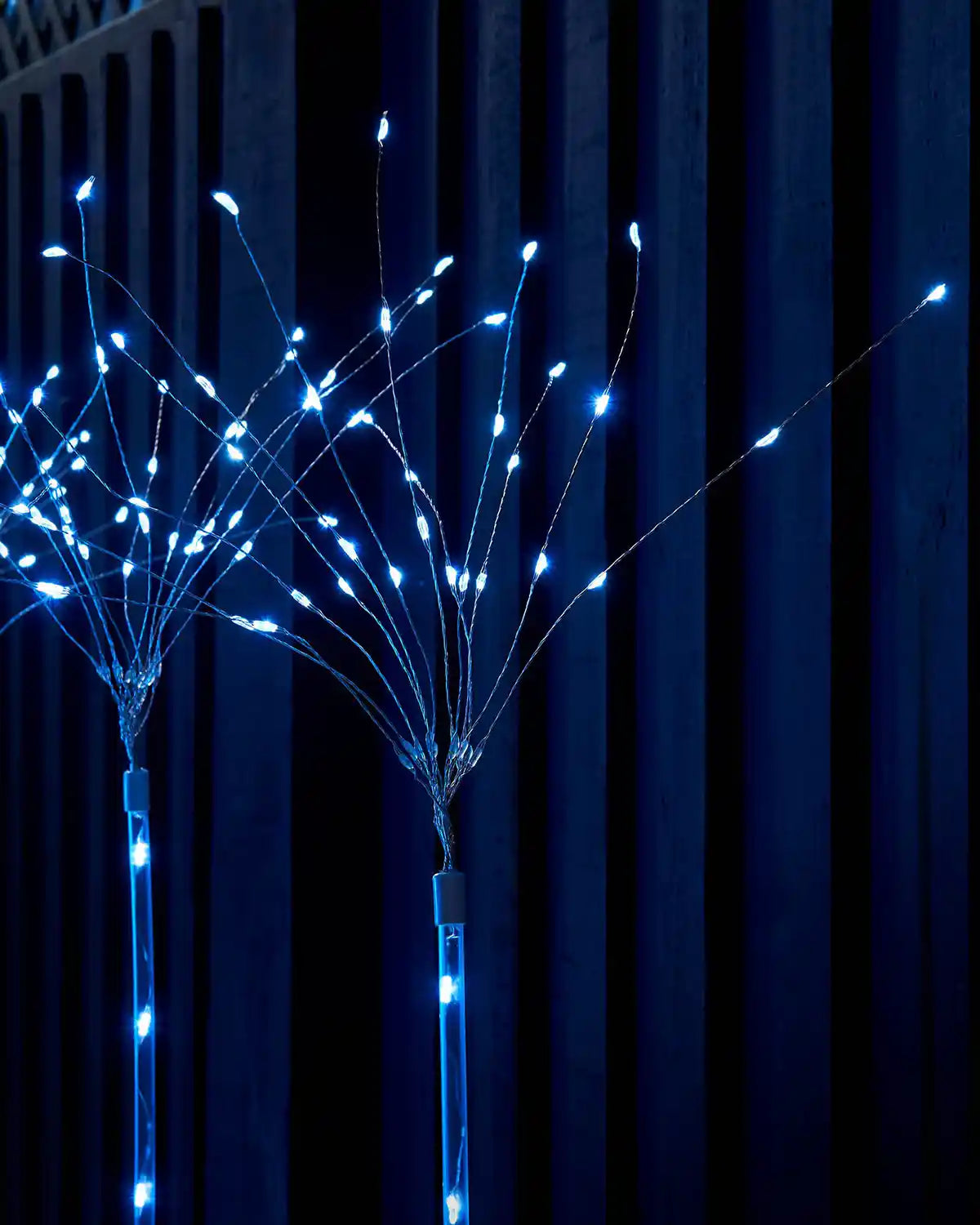 Close-up of the bright white LED branches on the firework stake lights