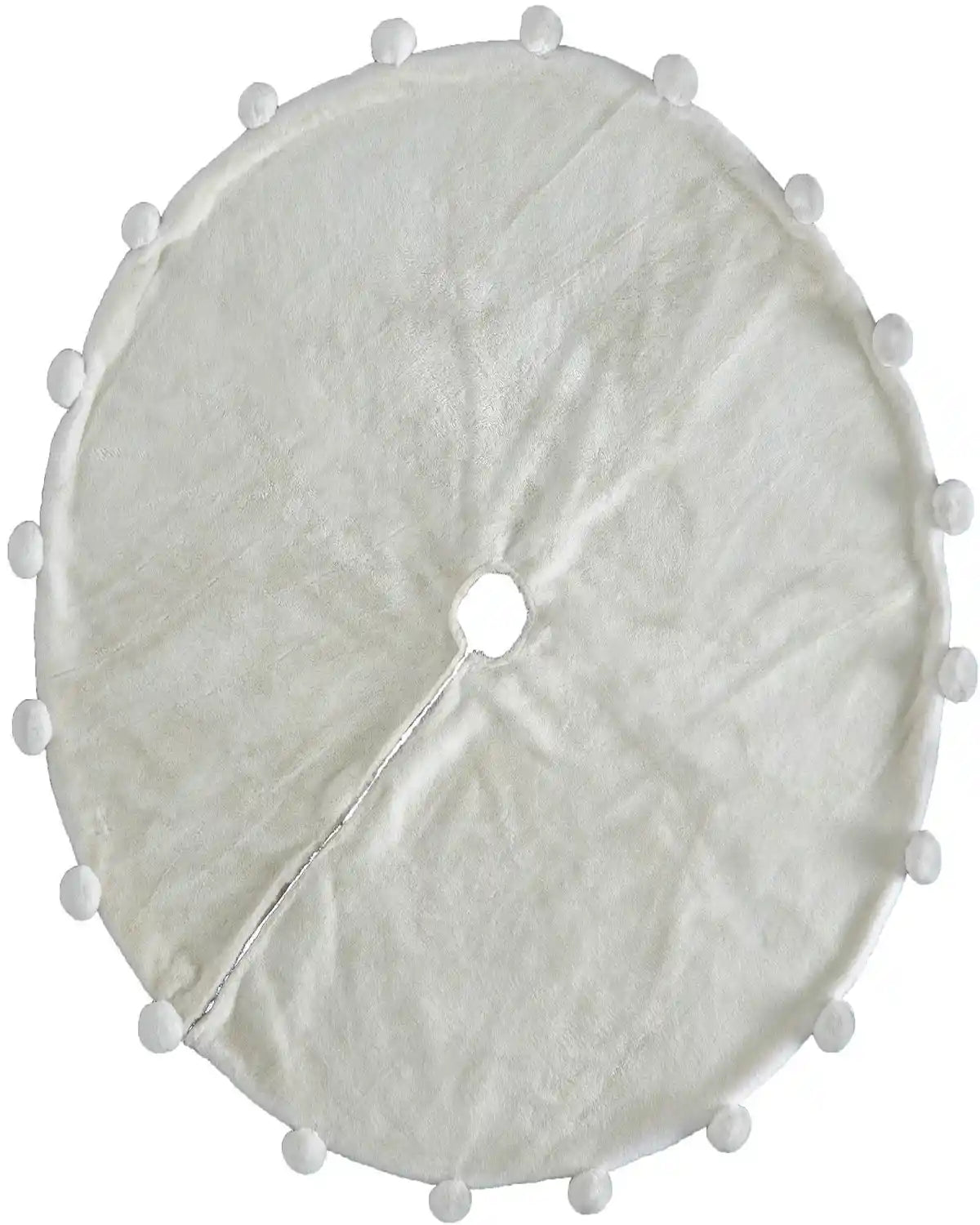 Cream faux fur Christmas tree skirt with pom pom trim on white background