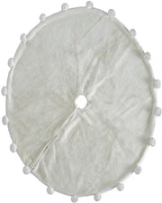 Cream faux fur Christmas tree skirt with pom pom trim on white background