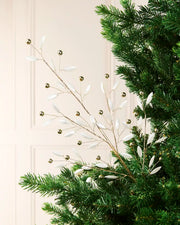 81 cm Christmas tree pick with white pearl leaves and gold beads arranged among green branches.