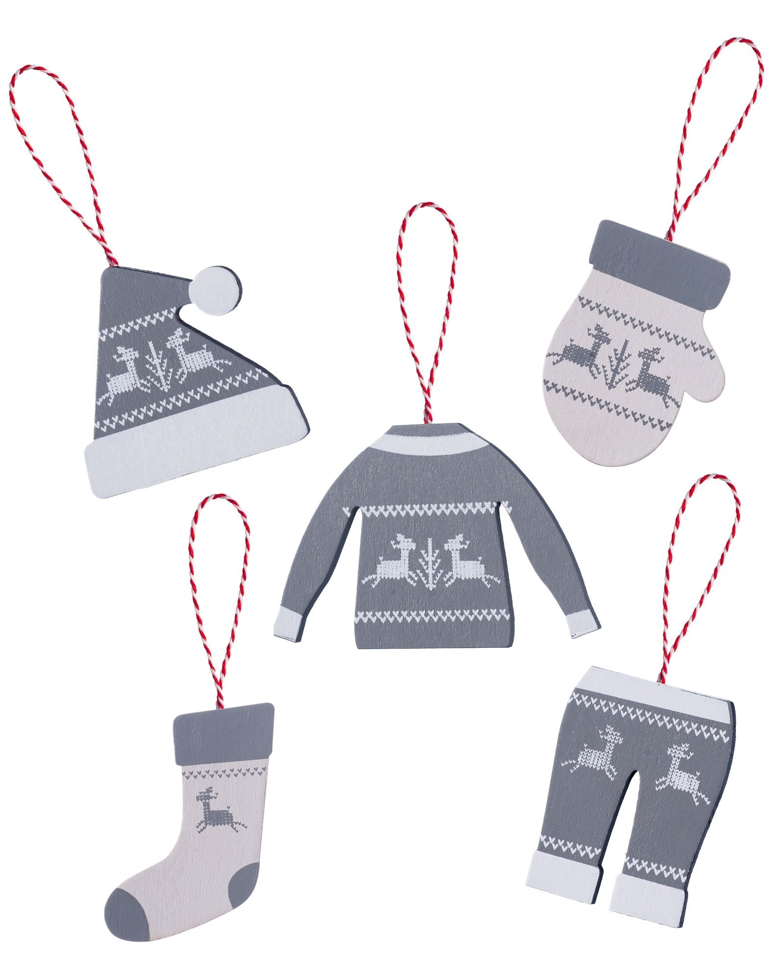 grey 10 cm winter clothing Christmas tree hanging decorations with red and white hanging loops