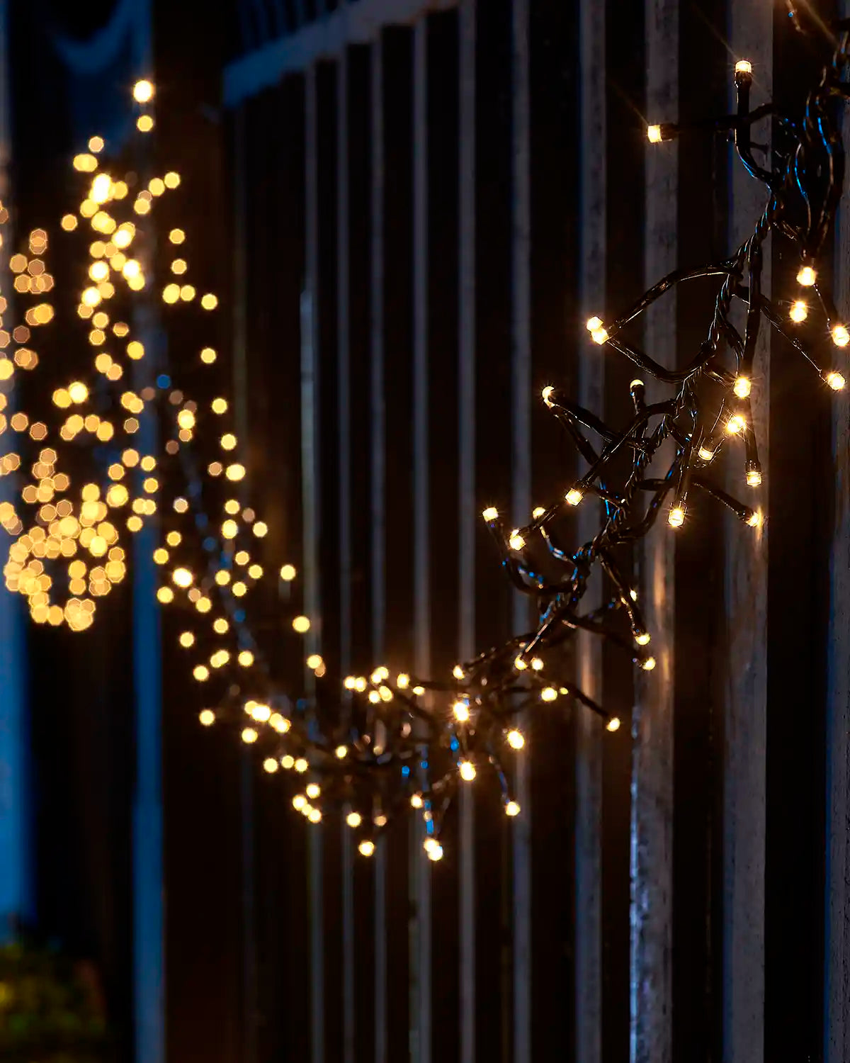 Close-up of warm white Home Series cluster lights draped along a garden fence.