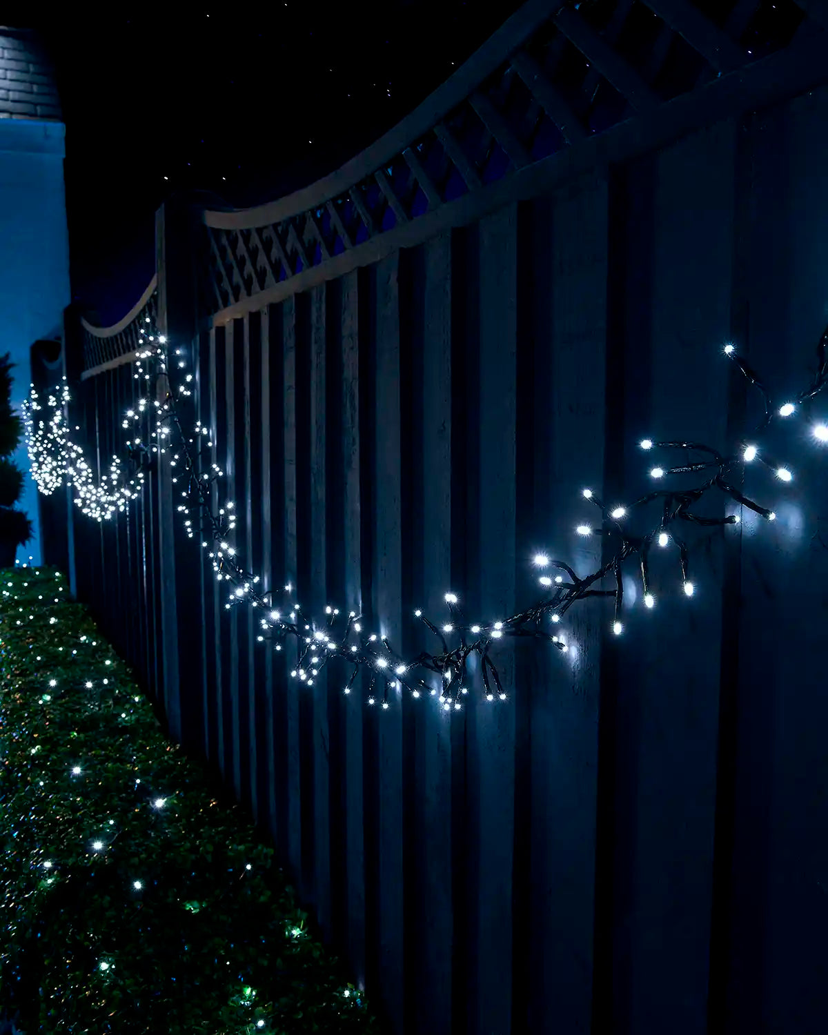 White Home Series cluster lights draped along a garden fence beside lit hedging.