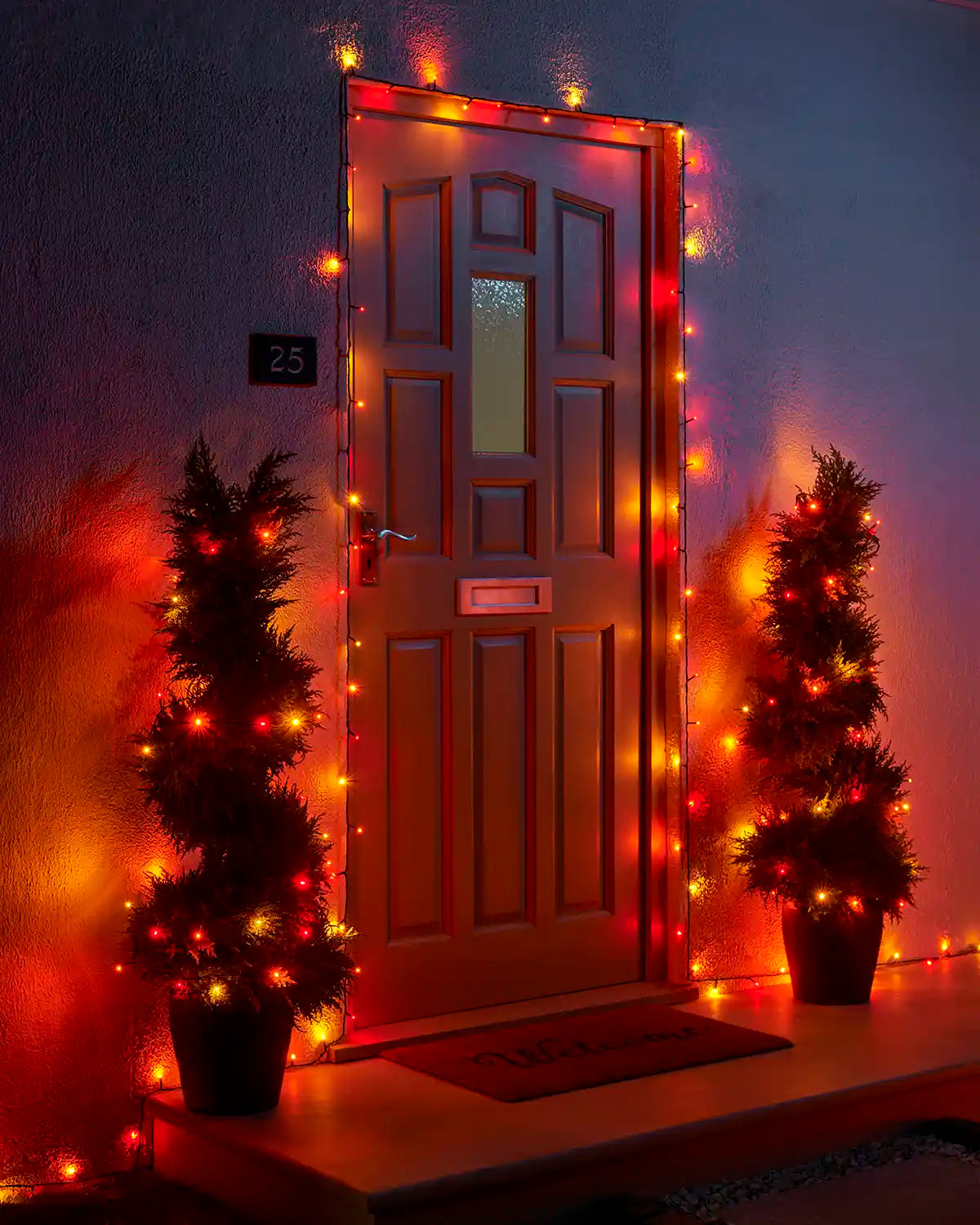 Autumn colour Home Series string lights framing a front door with two lit potted trees.