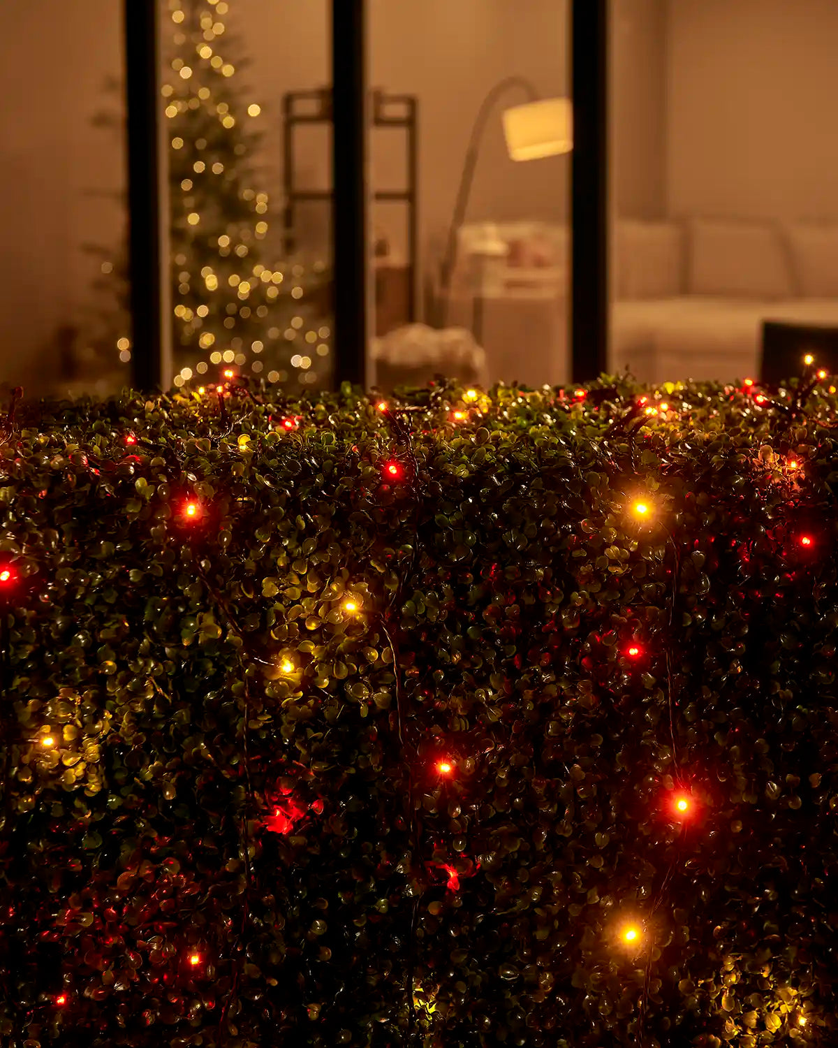 Autumn colour Home Series string lights arranged across an outdoor hedge by patio doors.