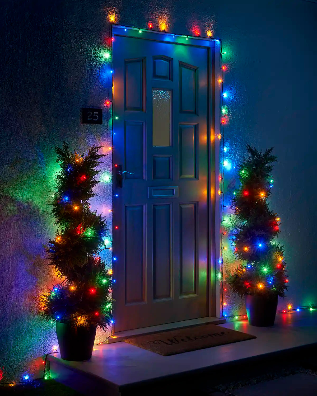 Multi colour Home Series string lights framing a front door with two lit potted trees.