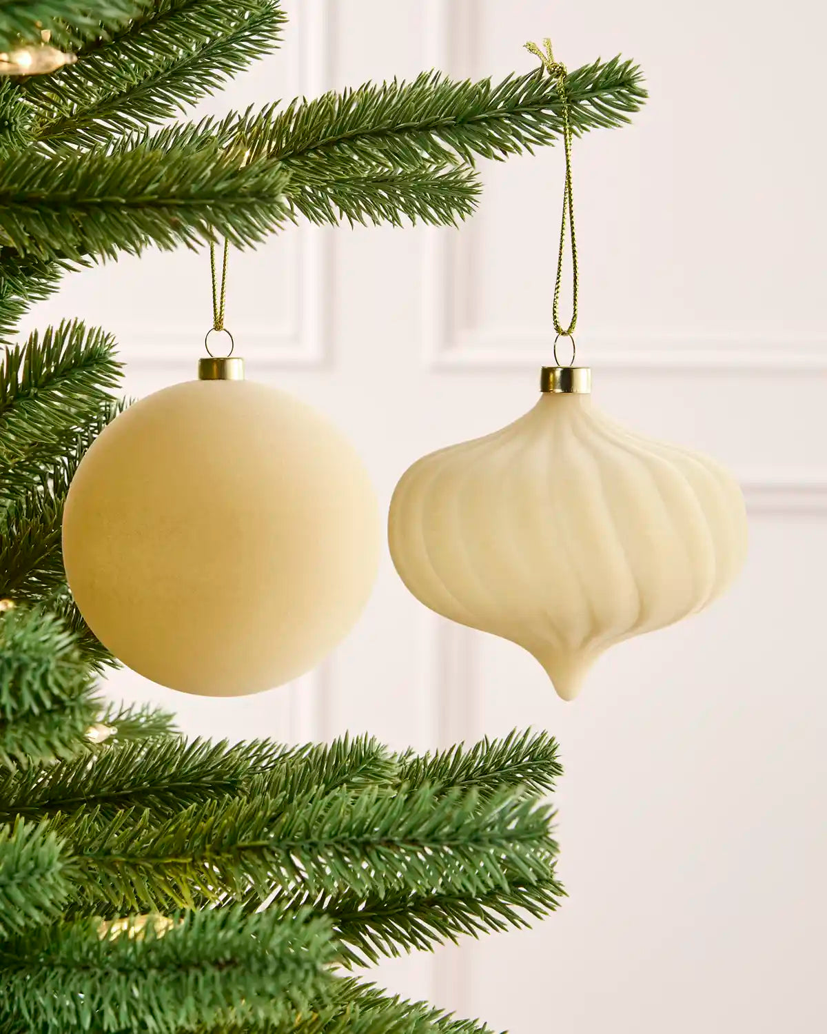 Close-up latte velvet round and onion shape bauble
