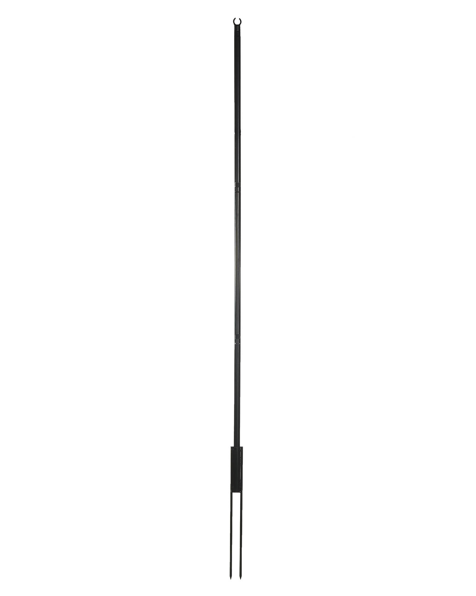 Black lighting pole shown in full on a white background, with cable holder and ground stake for outdoor light displays.