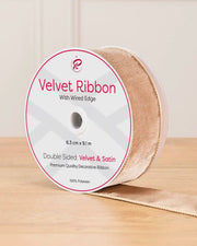 Roll of mocha wired velvet ribbon measuring 6 cm by 9 m for Christmas decorating, bows and gift wrapping.