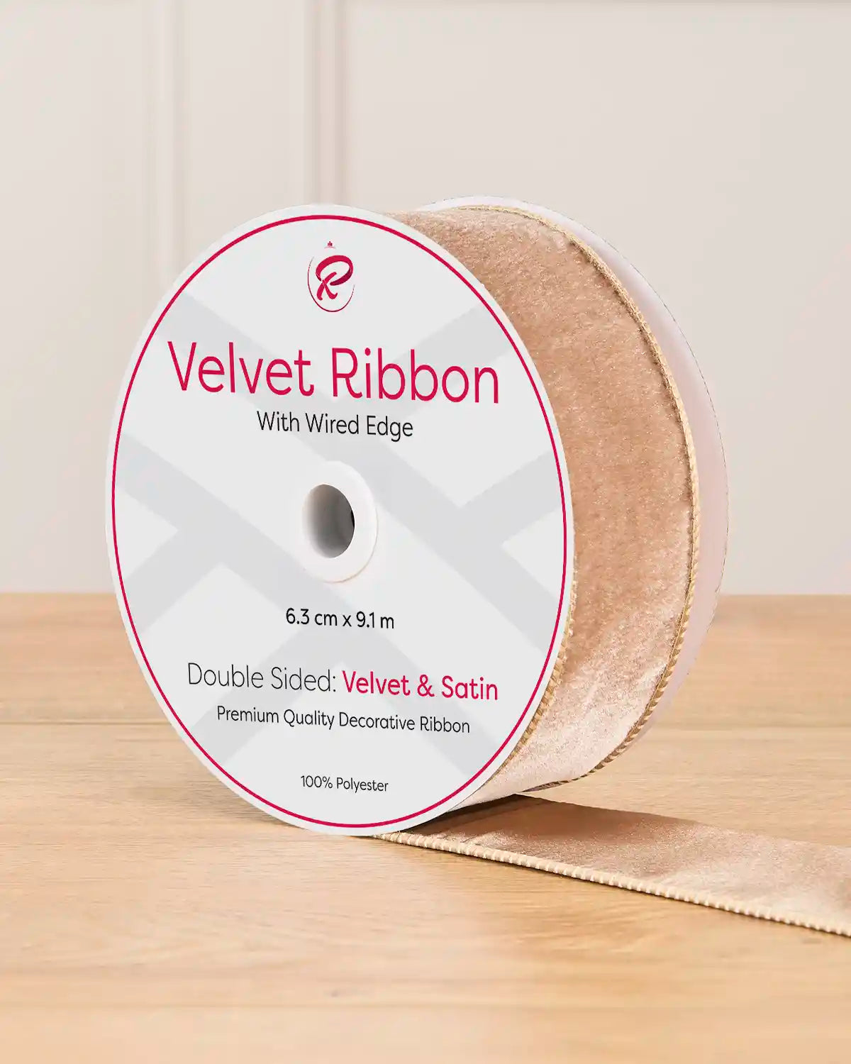 Roll of mocha wired velvet ribbon measuring 6 cm by 9 m for Christmas decorating, bows and gift wrapping.
