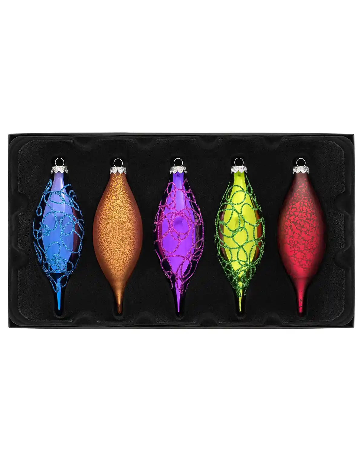 Multicolour glass finial baubles set displayed in black presentation box on white background