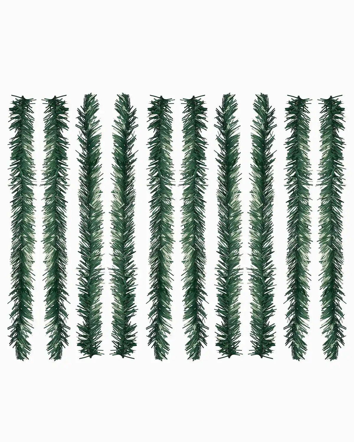 Set of 10 green garland tie wraps arranged in a row on a white background