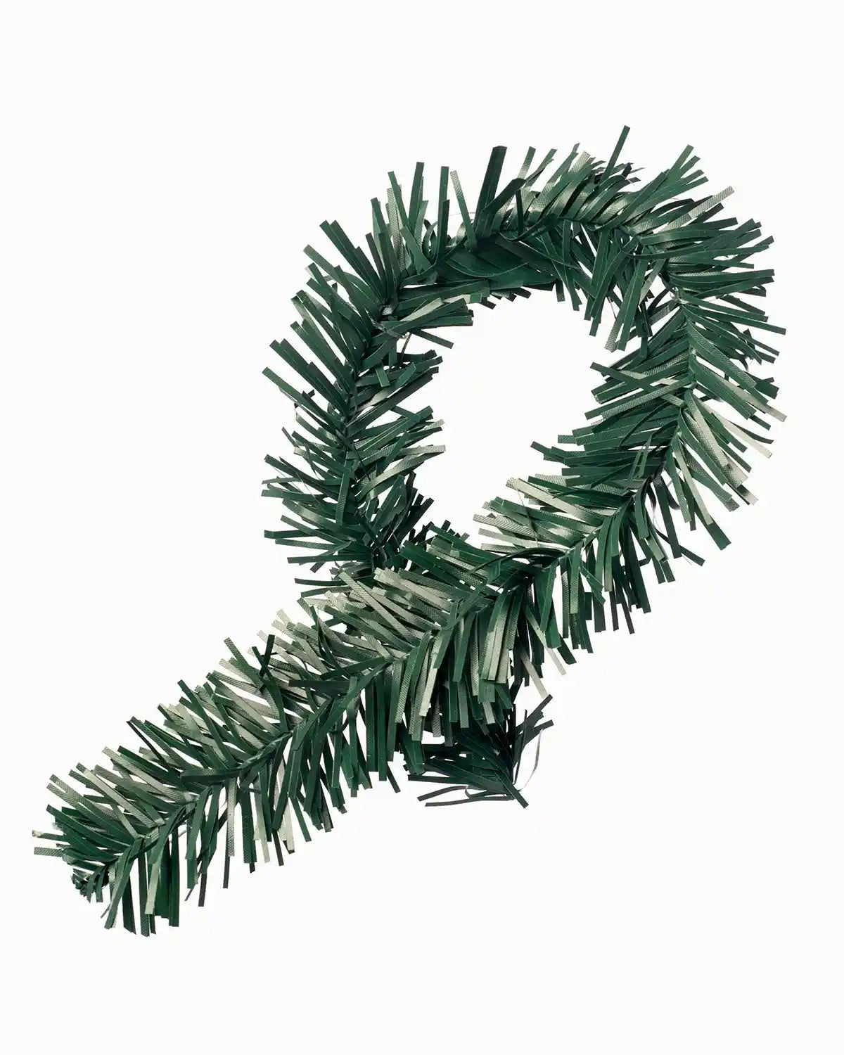 Green garland tie wrap shaped into a loop on a white background