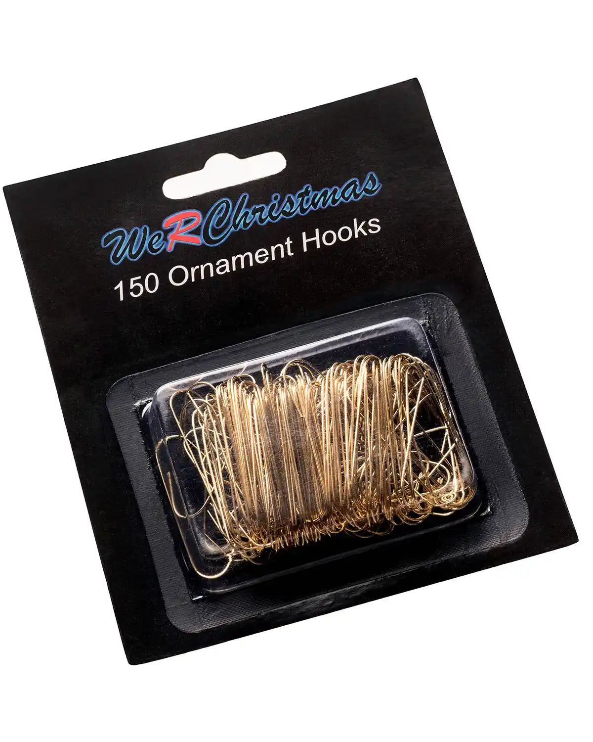 Pack of 150 gold bauble ornament hooks in branded packaging on a white background