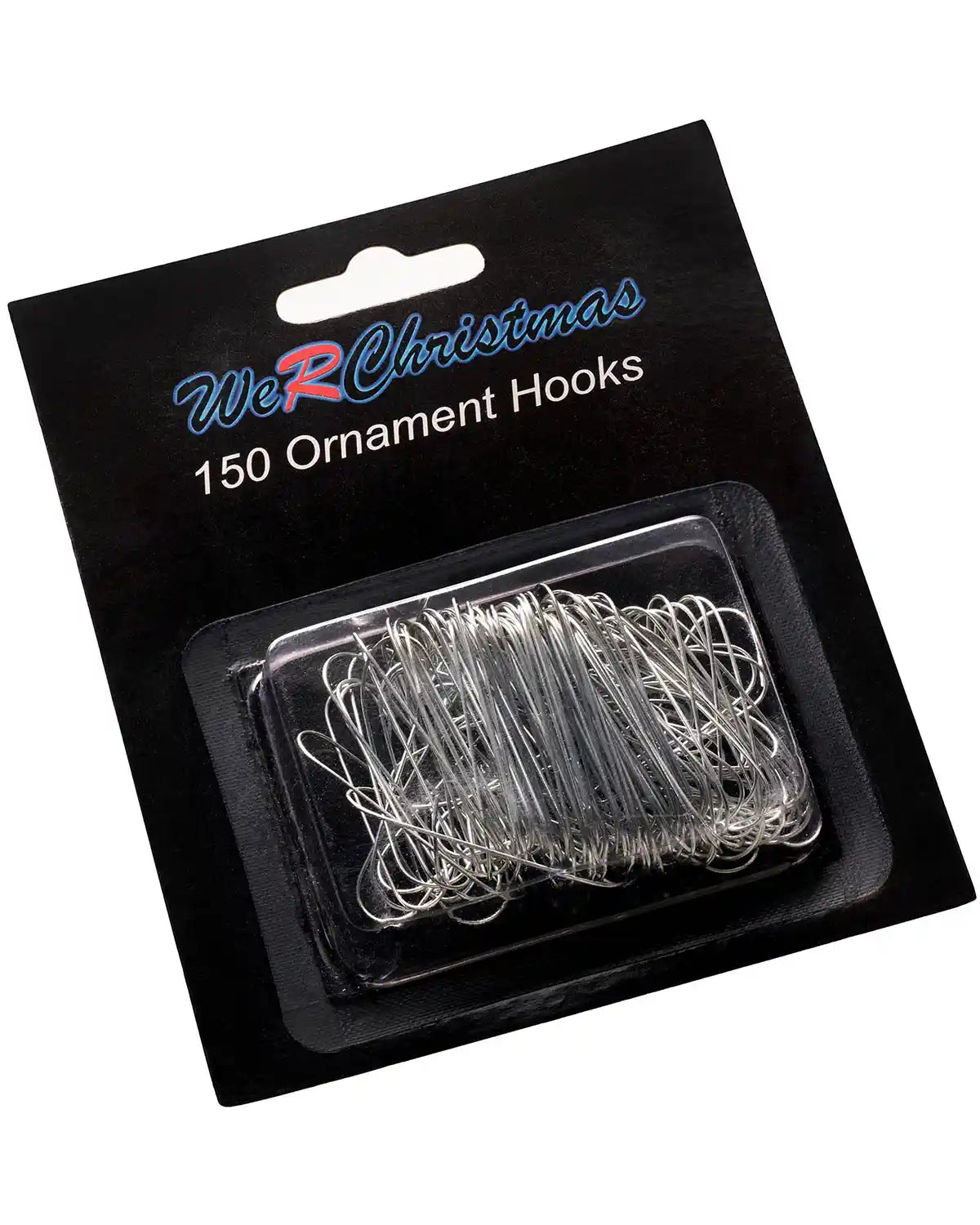 Pack of 150 silver bauble ornament hooks in branded packaging on a white background