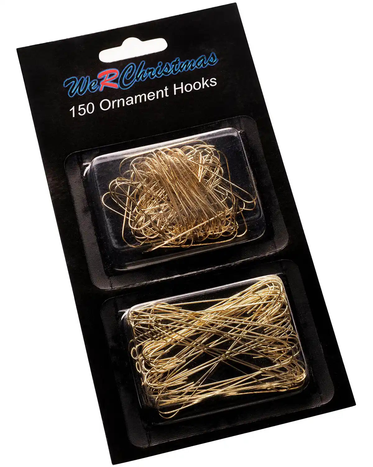 Pack of 150 gold bauble ornament hooks in branded packaging on a white background