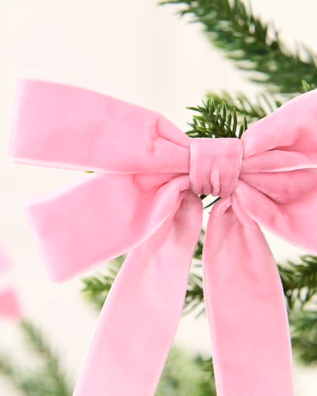 Close-up of a pink velvet double bow showing layered loops, long tails and soft texture.
