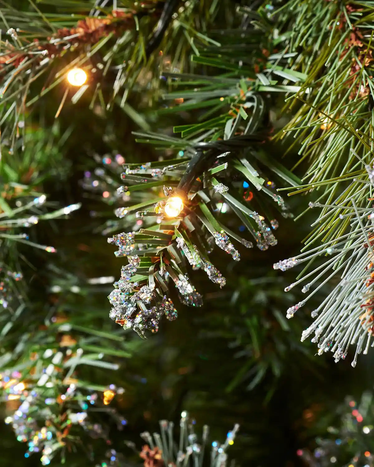 Detailed close-up of warm white lights woven through mixed green spruce branches with glittered tips.