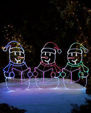Pre-lit 117 cm carolling snowmen rope light silhouette with three snowmen and multicolour lights.