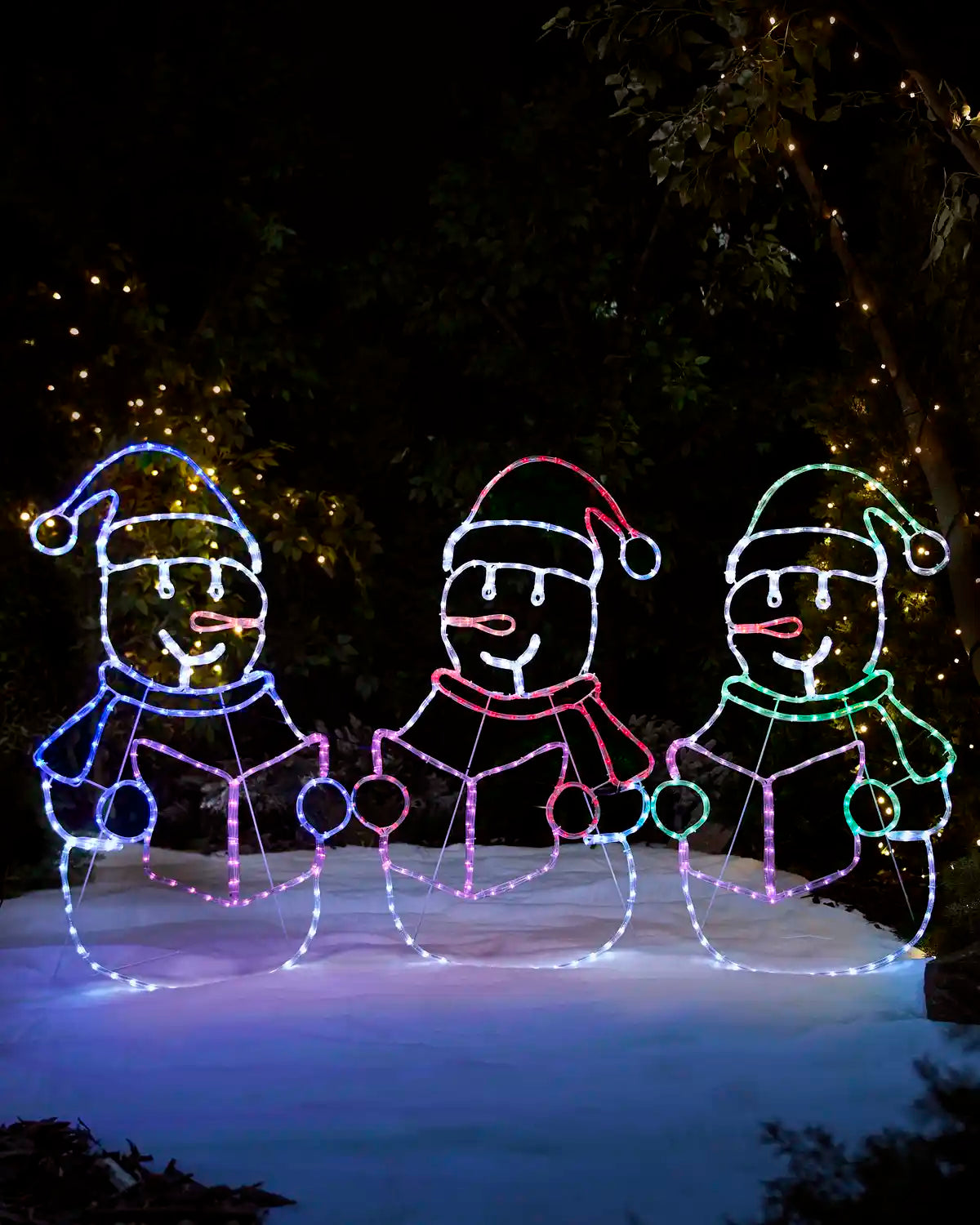 Pre-lit 117 cm carolling snowmen rope light silhouette with three snowmen and multicolour lights.
