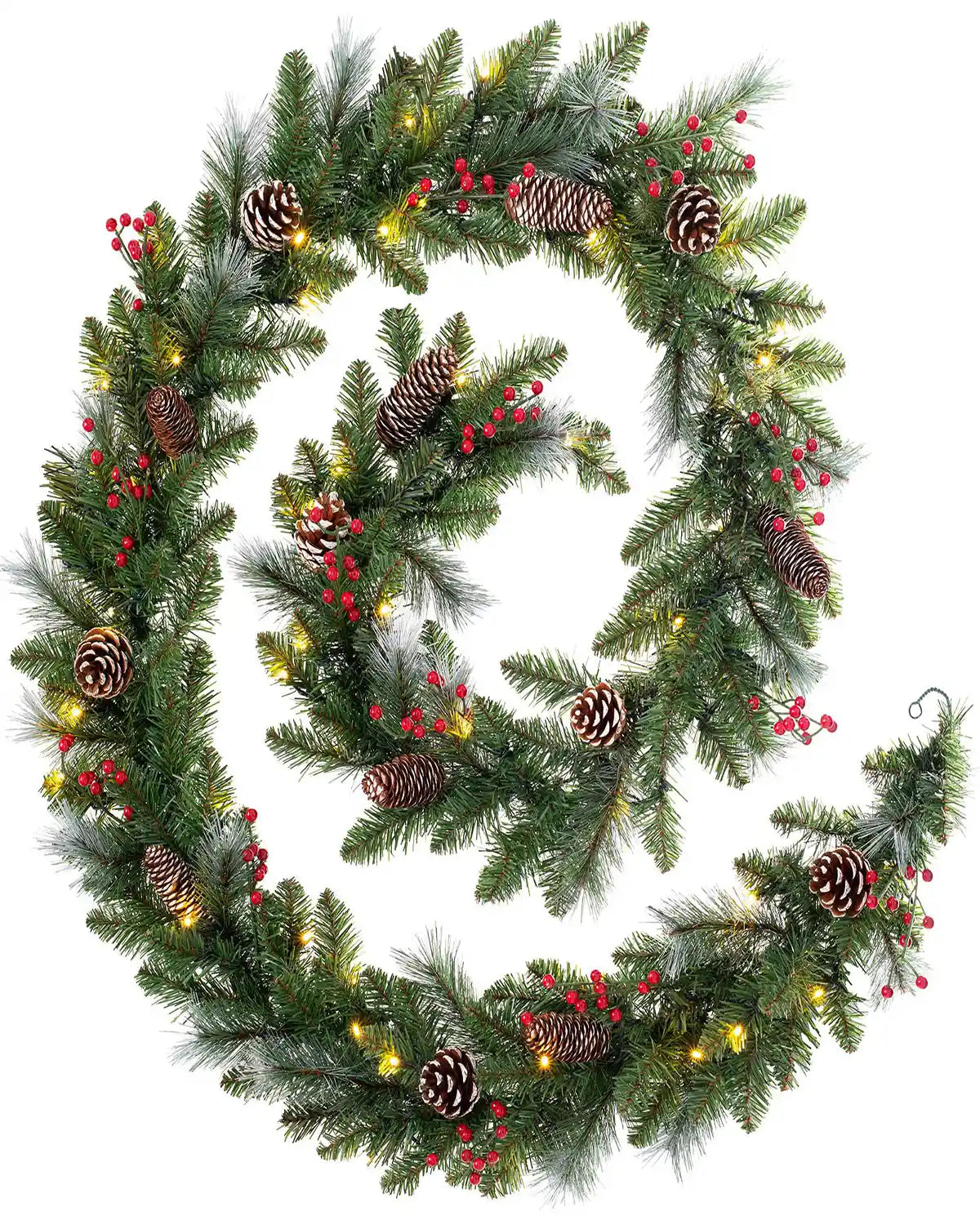 9 ft pre-lit frosted Christmas garland with pinecones, red berries and warm white lights on a white background