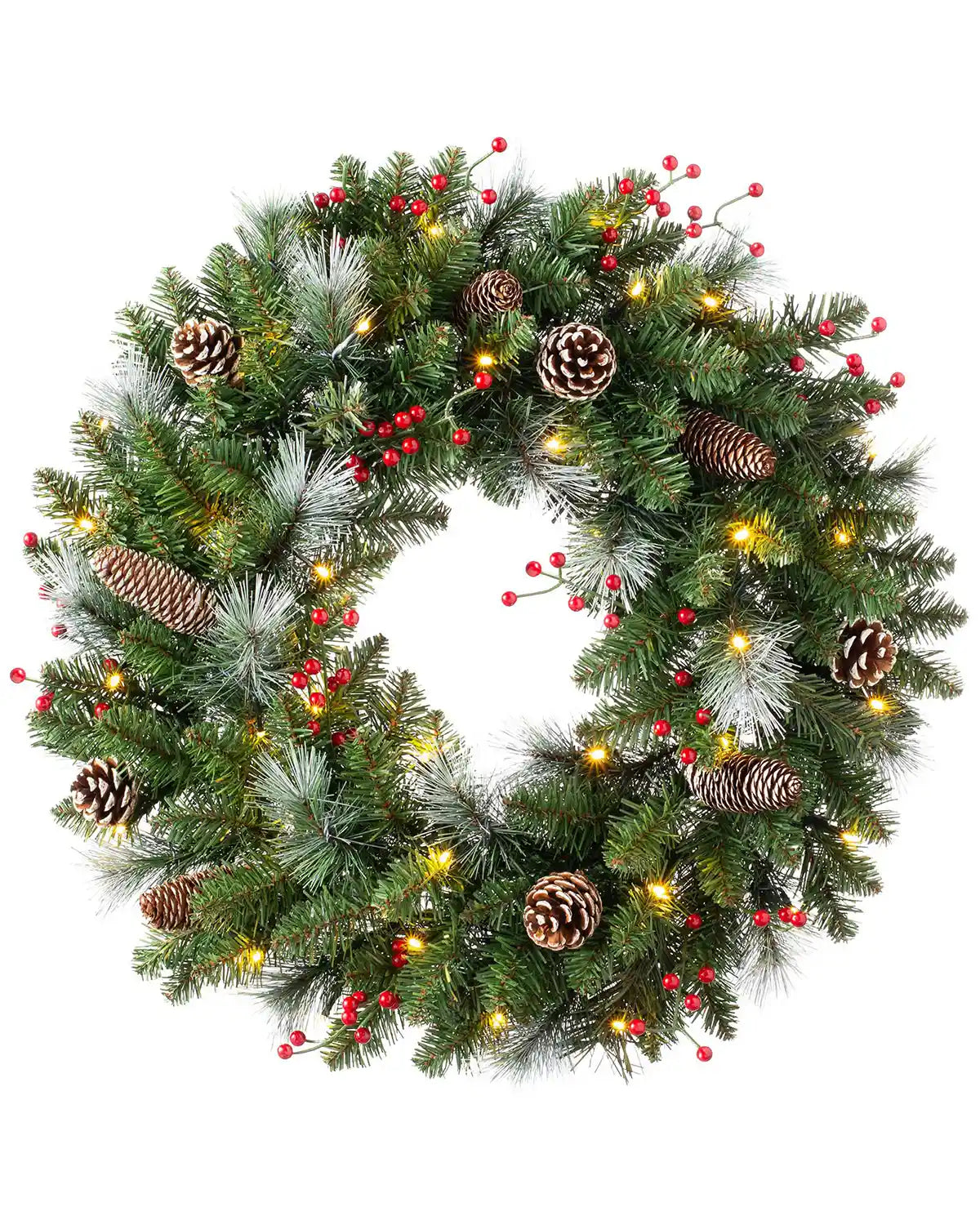 60 cm pre-lit frosted Christmas wreath with pinecones, red berries and warm white lights on a white background