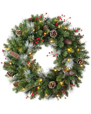 60 cm pre-lit frosted Christmas wreath with pinecones, red berries and warm white lights on a white background