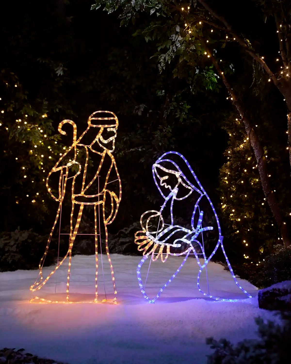Pre-lit 130 cm Jesus, Mary and Joseph nativity rope light silhouette illuminated outdoors.
