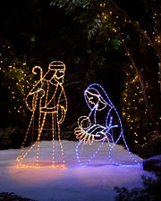 Pre-lit 130 cm Jesus, Mary and Joseph nativity rope light silhouette illuminated outdoors.
