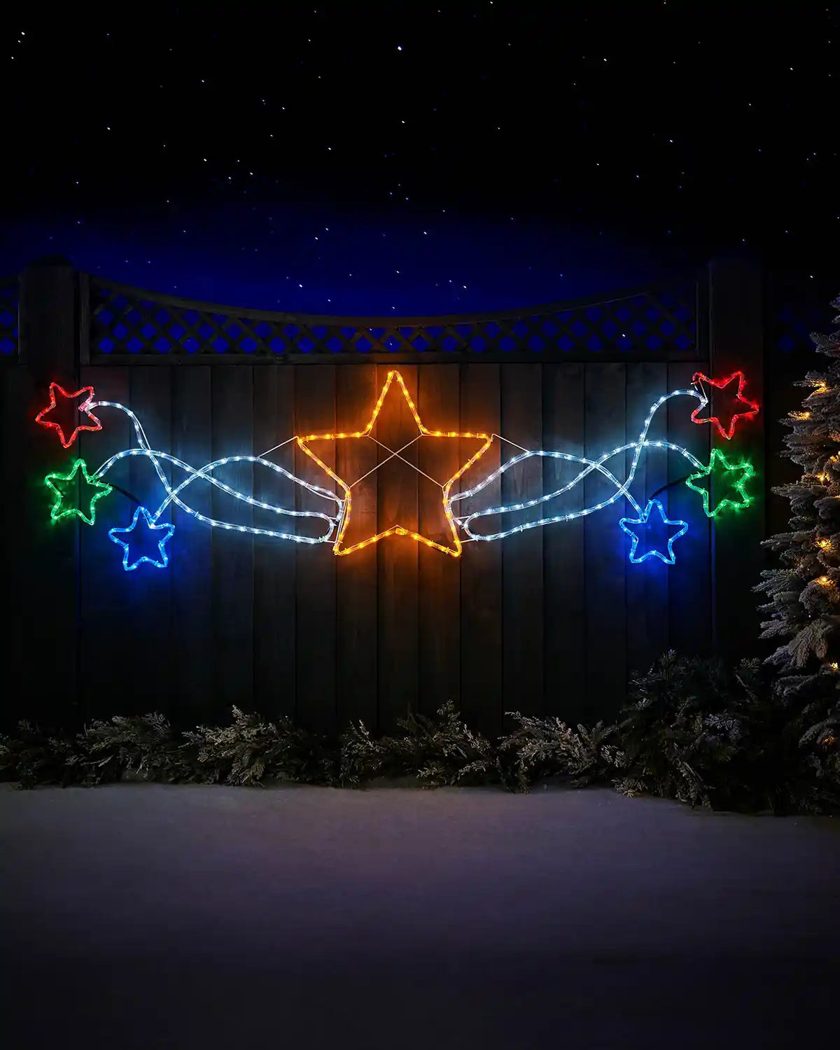 190 cm pre-lit multi-coloured star cluster silhouette with central gold star and flowing white light detail