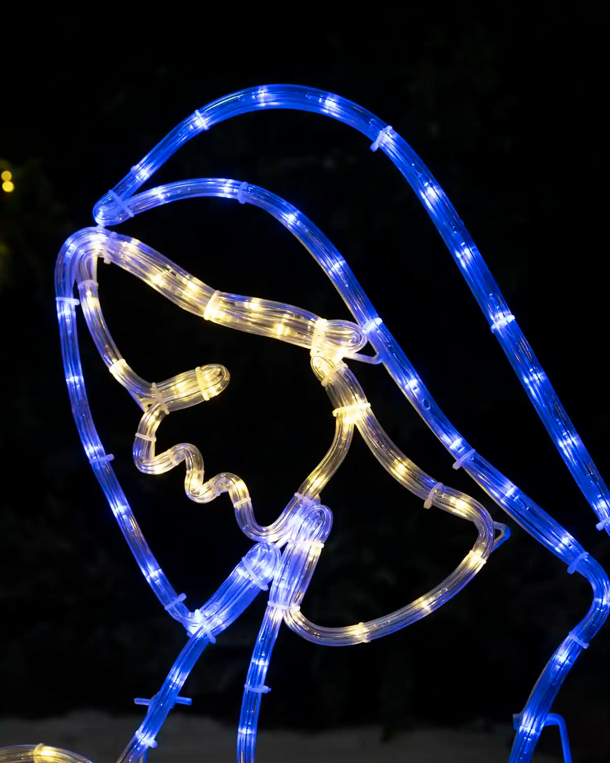 Close-up of Mary outlined with blue and warm white illuminated rope lights.