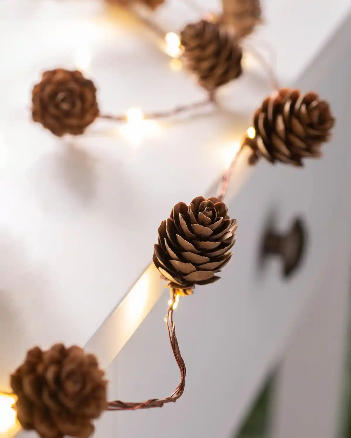 Close-up of pinecones and warm white LEDs on the light string