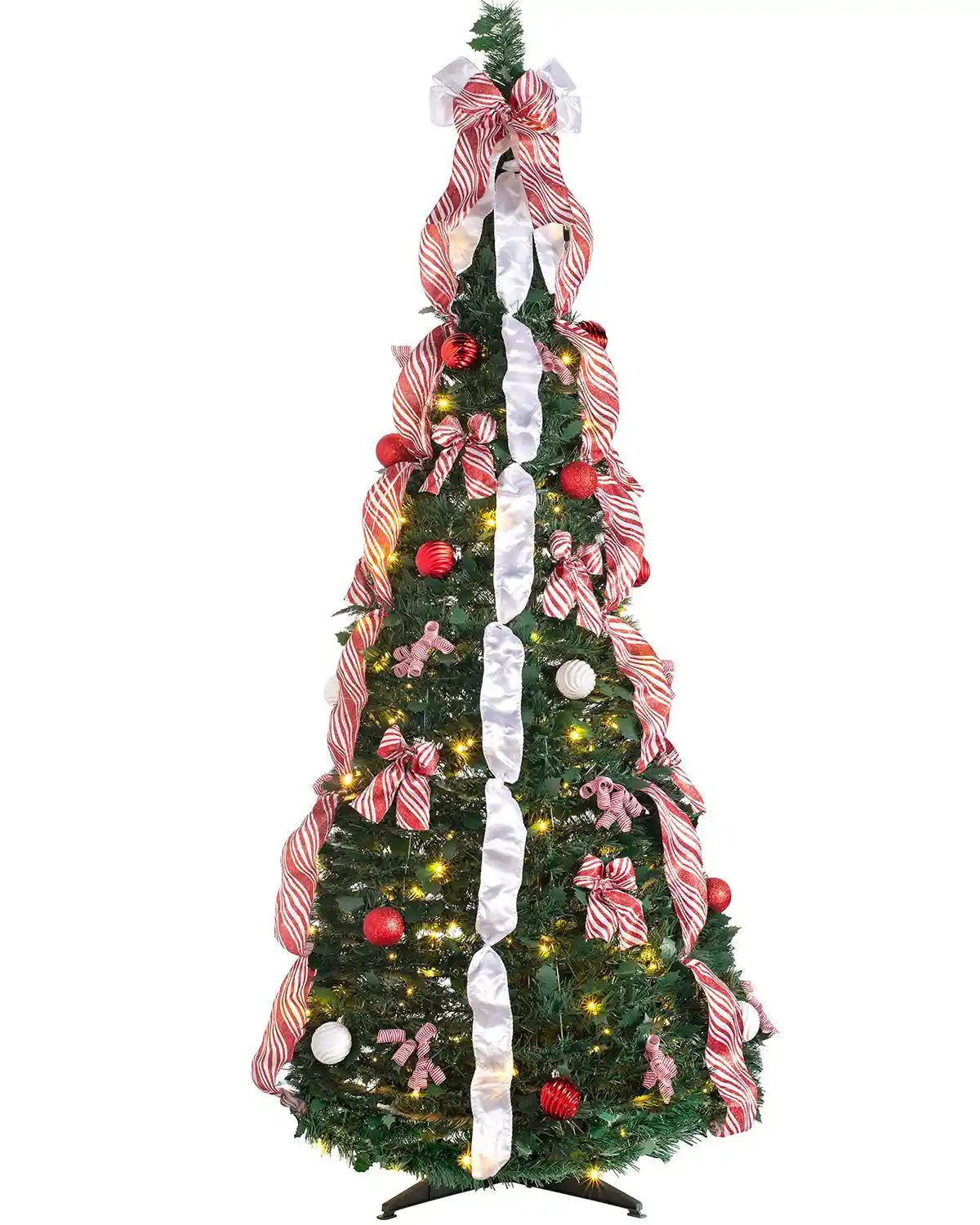 Pre-lit green pop-up decorated Christmas tree with red and white bows, baubles and warm white LEDs on a white background