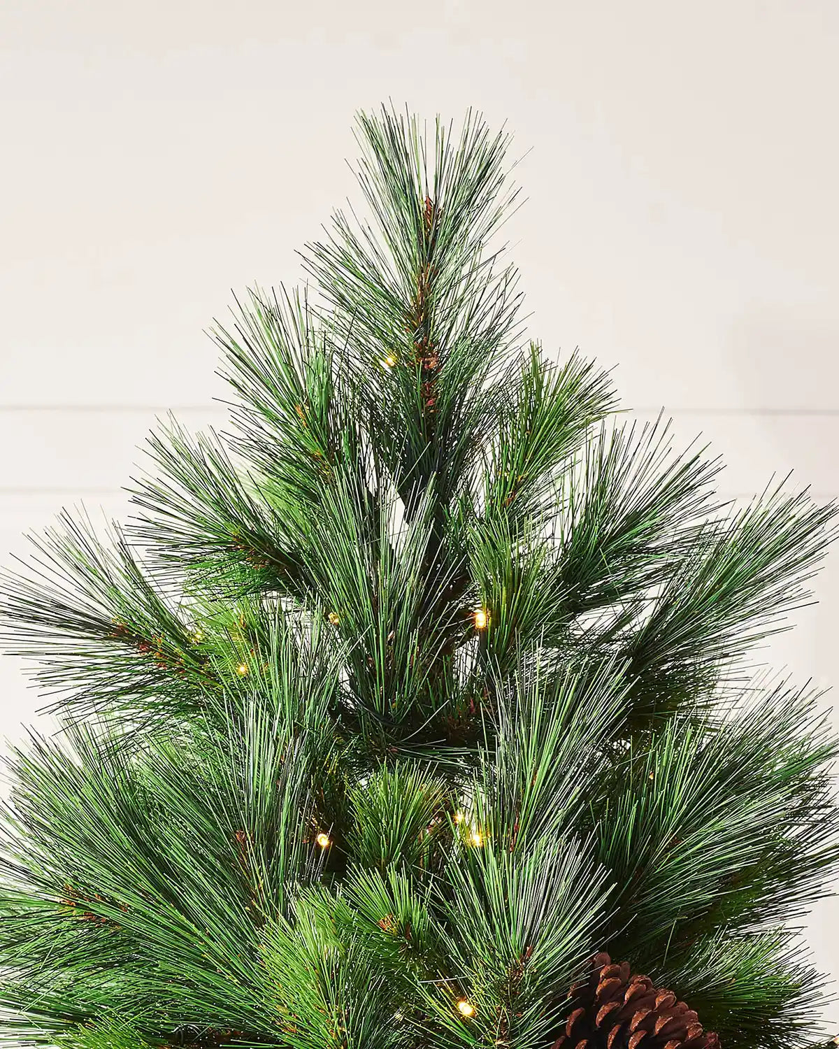 Close-up of the top branches of a pre-lit Portland Spruce Christmas tree