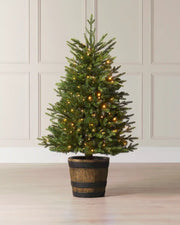 4 ft pre-lit potted pine Christmas tree with warm white lights in a rustic barrel-style pot