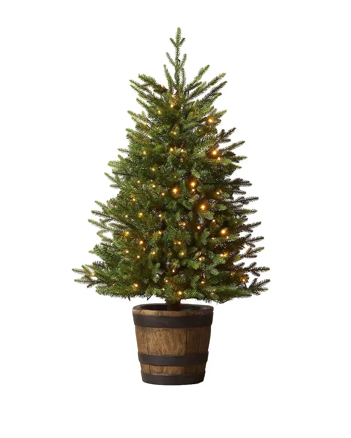 4 ft pre-lit potted pine Christmas tree with warm white lights in a barrel-style pot on a white background